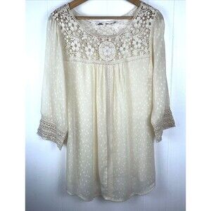 Solitaire Women's Size Large Blouse Tunic Sheer Lace Trim Cream Boho Summer